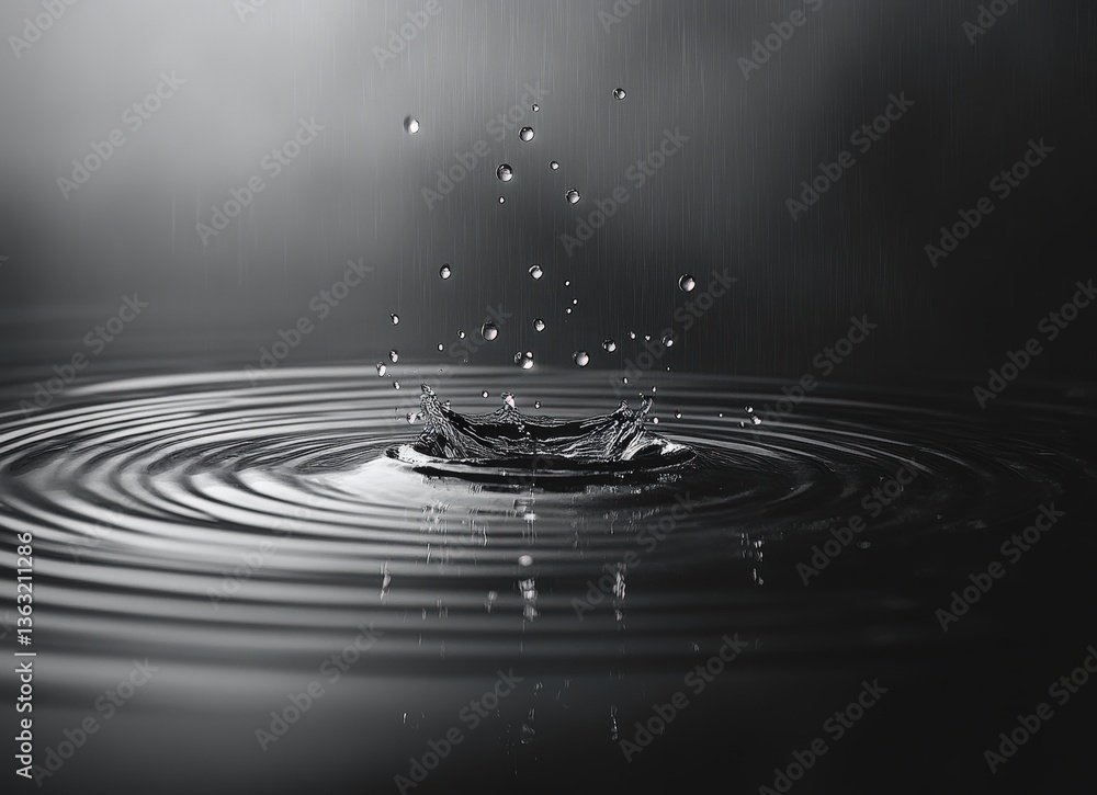Poster Raindrops falling and splashing, creating ripples in a gray puddle