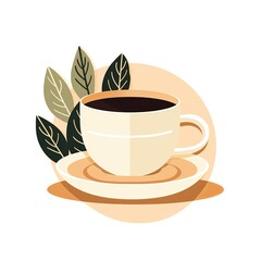 Minimalist Coffee Cup Illustration with Botanical Elements &ndash; Cozy Cafe Style Vector Art