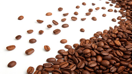 Naklejka premium Freshly Roasted Coffee Beans Spilling on White Surface for Coffee Lovers and Beverage Enthusiasts