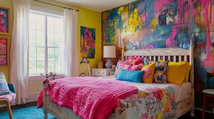Vibrant bedroom makeover modern home interior design colorful decor cozy environment creative concept