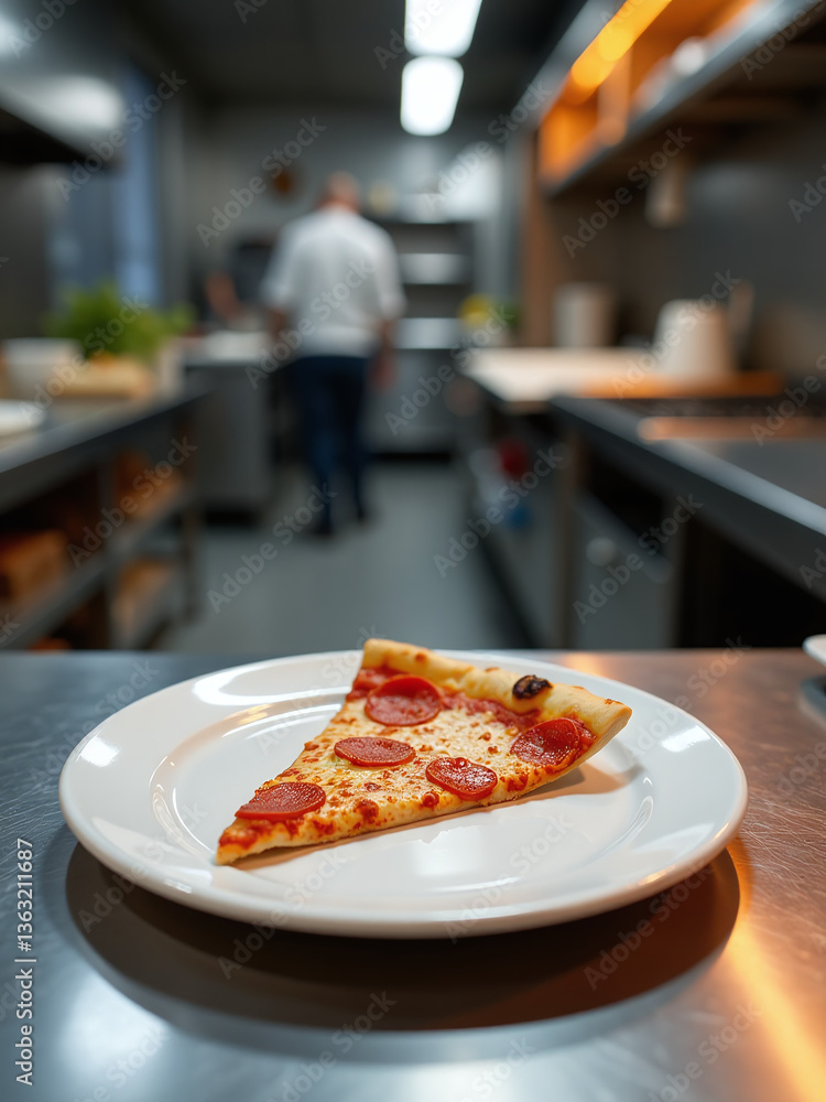 Poster A Single Slice Of Pizza Sits Alone On A Clean White Plate, Awaiting Its Next Destination In A Busy Kitchen Environment Suddenly.
