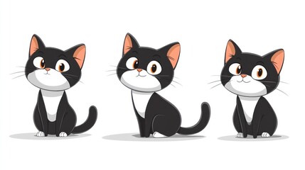 Obraz premium Three black and white cartoon cats sitting on a white background, perfect for kids book