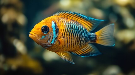 Fototapeta premium Luminous yellow-blue fish gliding through shadowy aquarium depths, vivid orange fins contrasting dark water environment