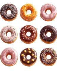 Array of Delicious Donuts with Various Toppings on White Background Sweet Treat Confectionery Delight Artistic Food Photography