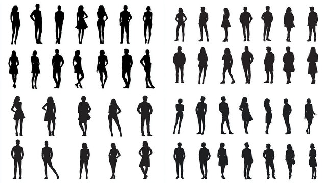 Silhouette of Diverse People Standing Posing in Various Poses and Attire