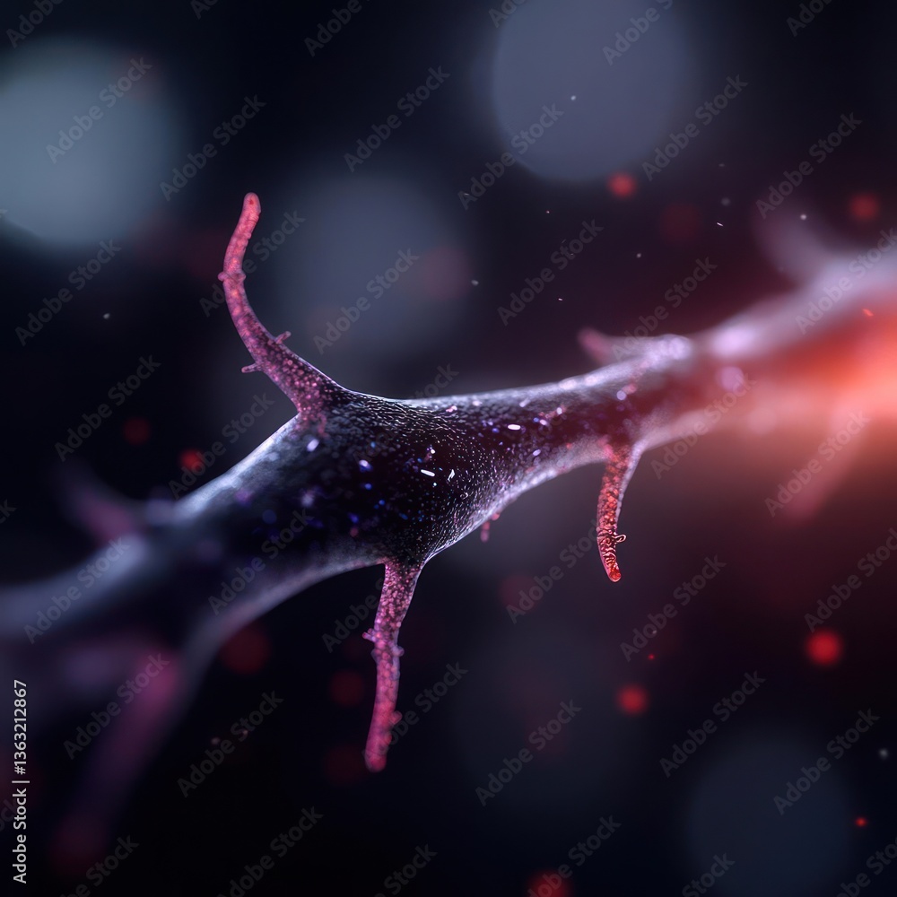 Poster glowing neuron microscopic view: red purple particles dark background