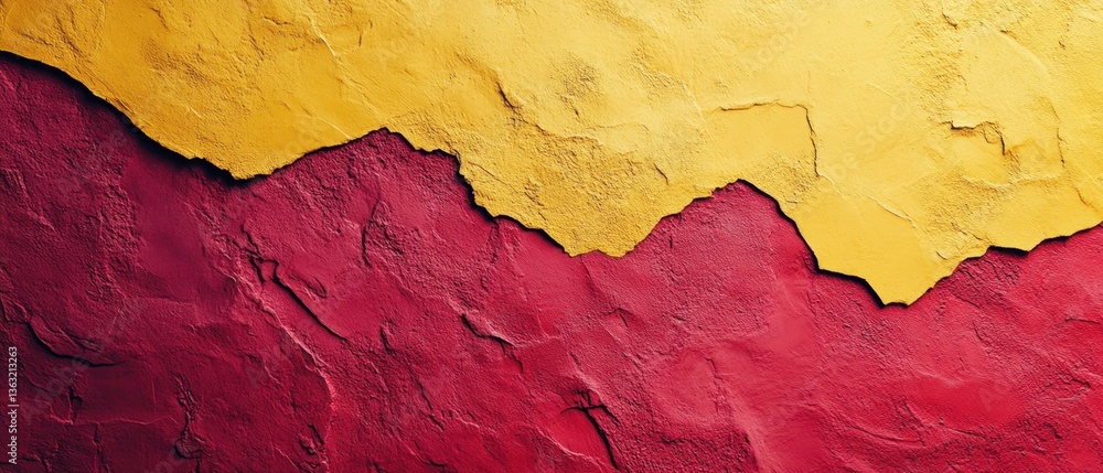 Poster striking textured wall with vibrant contrast of golden yellow and deep red creating a visually capti