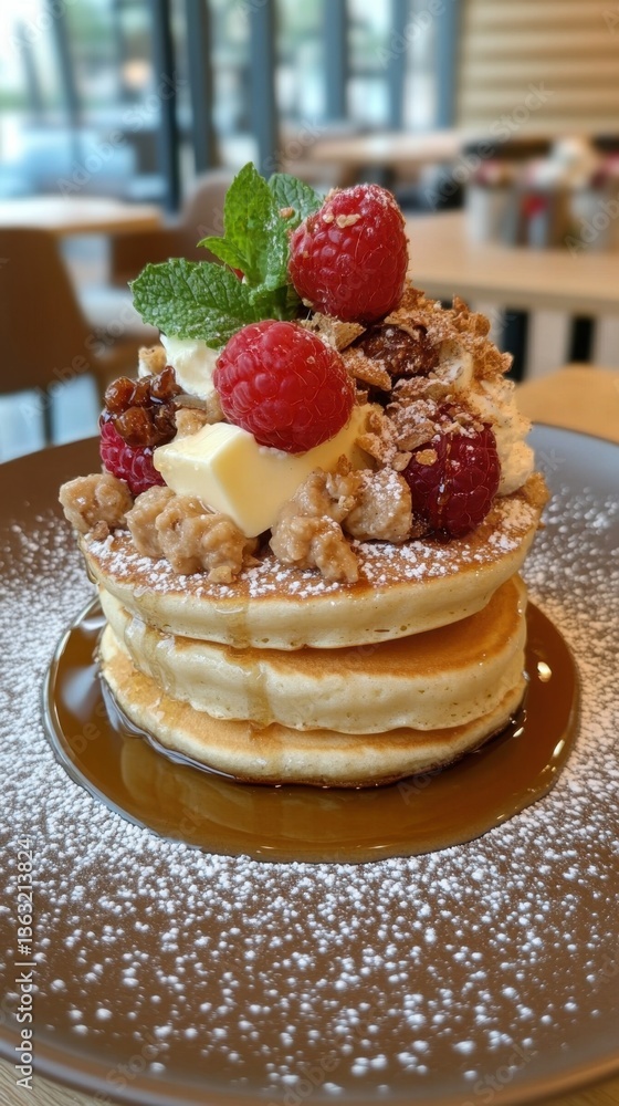 Poster delicious stack of pancakes with fresh raspberries and maple syrup drizzle in a restaurant setting