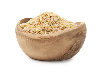 Raw brown rice in bowl isolated on white
