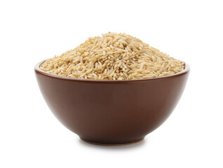 Raw brown rice in bowl isolated on white
