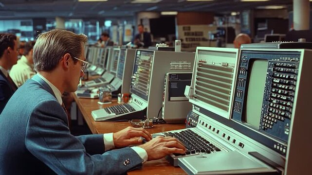 Businessmen working on vintage computers in a control room.