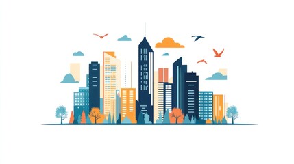 Obraz premium Cityscape illustration, urban skyline, birds flying, trees, buildings, autumn, website banner