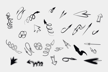 This vector image features a collection of unique, hand-drawn arrows. These arrows exhibit diverse styles, such as curly, zigzag, looped, and straight designs, with varying thickness, direction 