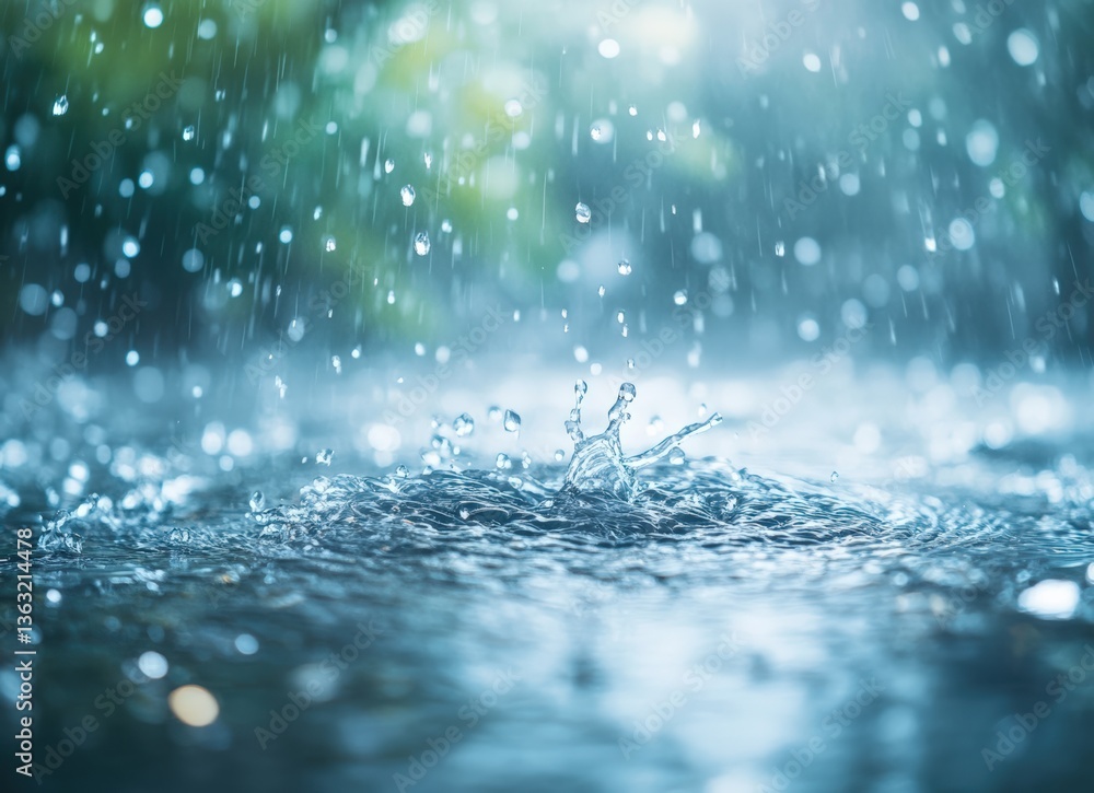 Poster heavy rain falling on water surface creating splashes and ripples