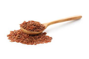 Raw brown rice and spoon isolated on white