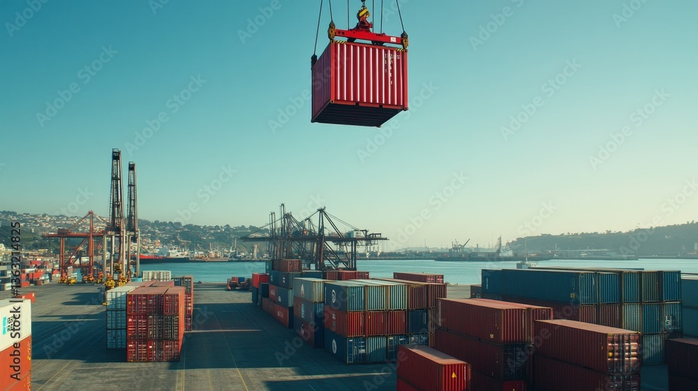 Poster cargo loading operation at busy port shipping containers industrial environment aerial view logistic