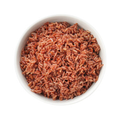 Tasty brown rice in bowl isolated on white, top view