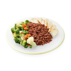 Delicious brown rice with chicken and vegetables isolated on white