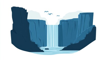Majestic waterfall cascading between cliffs, birds flying, serene nature scene, ideal for travel brochures