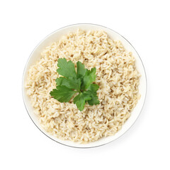 Delicious brown rice with parsley isolated on white, top view