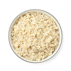 Delicious brown rice in bowl isolated on white, top view