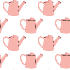 Pattern of pink watering cans on a white background for floral decoration
