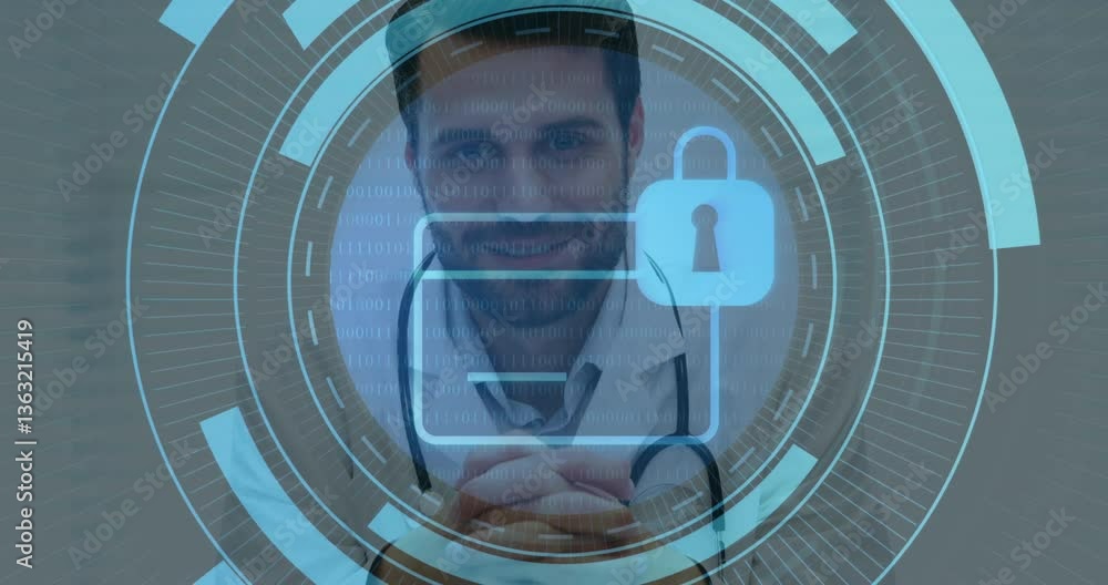 Aufkleber doctor smiling with digital security lock and folder overlay animation