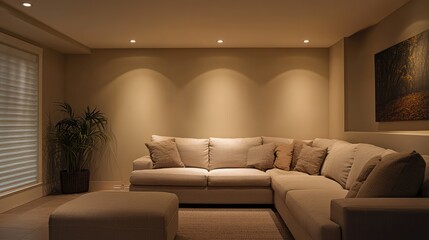 A cozy minimalist home with soft beige walls, a comfortable sectional sofa, and recessed lighting for a warm, inviting atmosphere.