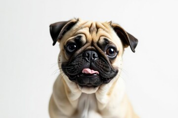 Fototapeta premium Playful pug looking directly at camera, pure white backdrop, watching, head and shoulders