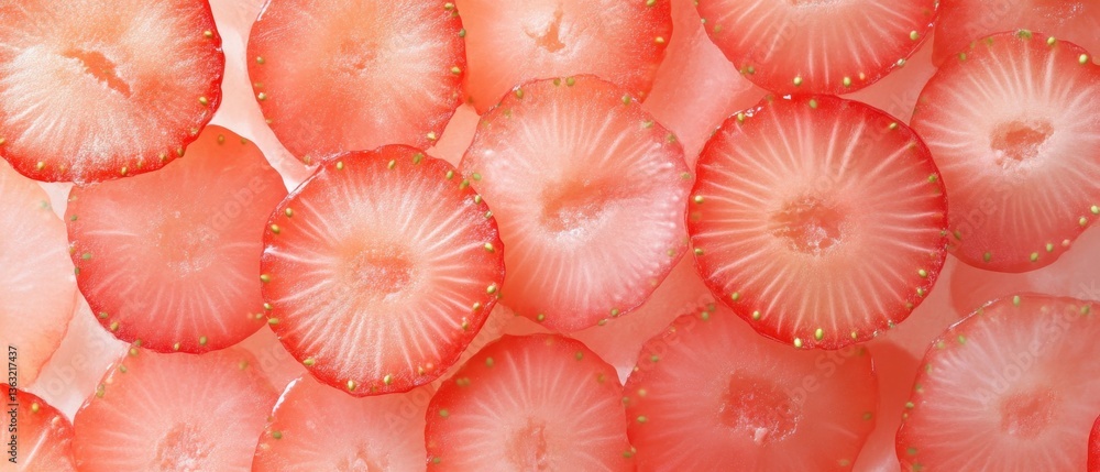 Poster sliced strawberries arranged in a visually appealing pattern showcasing their vibrant color and text