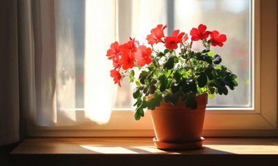 Fototapeta premium A potted plant with red flowers sits on a windowsill
