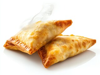 Hot Golden Samosas with Steam Ready to Eat on White Background