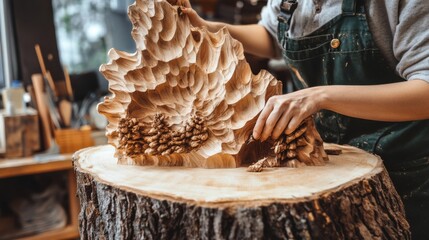 Artisan crafting intricate wooden sculpture in workshop setting