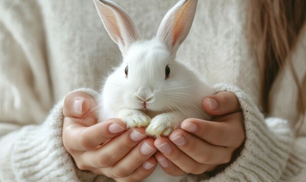 A person is holding a white rabbit in their hands