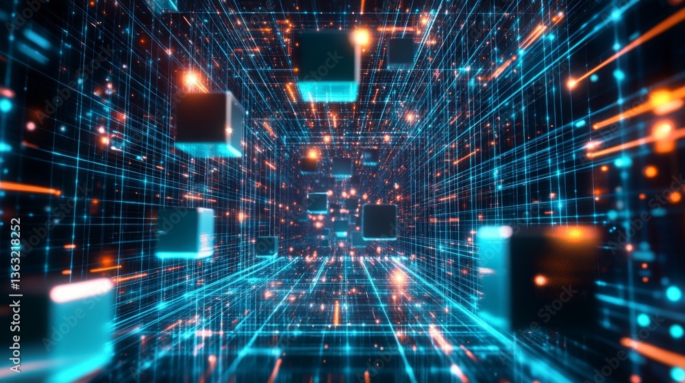 Poster dynamic data flow visualized digital space 3d render futuristic environment abstract perspective tec