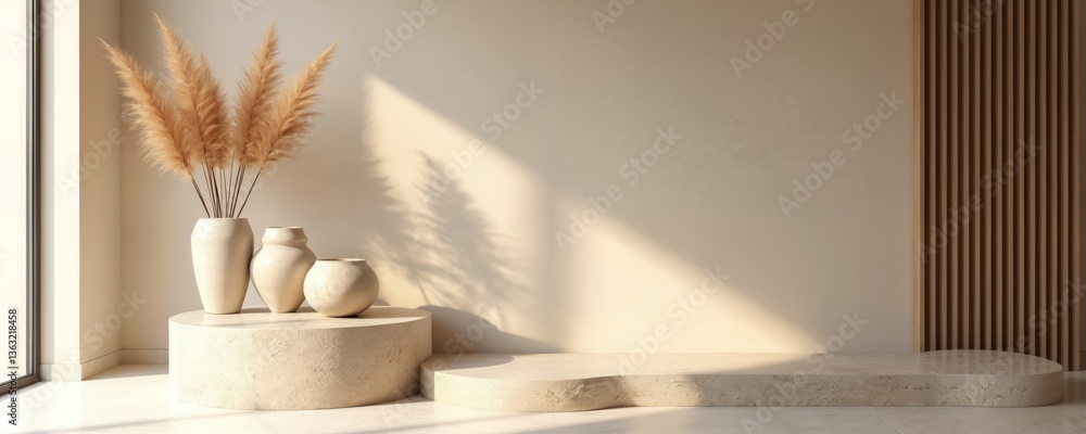 Poster minimalist interior design features empty travertine pedestals display pampas grass. sunlight create
