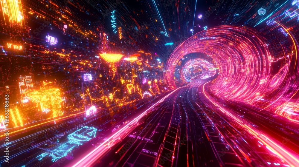 Poster futuristic journey through a neon tunnel digital cityscape 3d animation sci-fi environment dynamic p