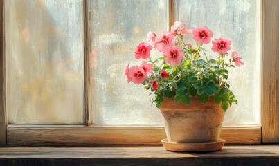 A potted plant with pink flowers sits on a windowsill