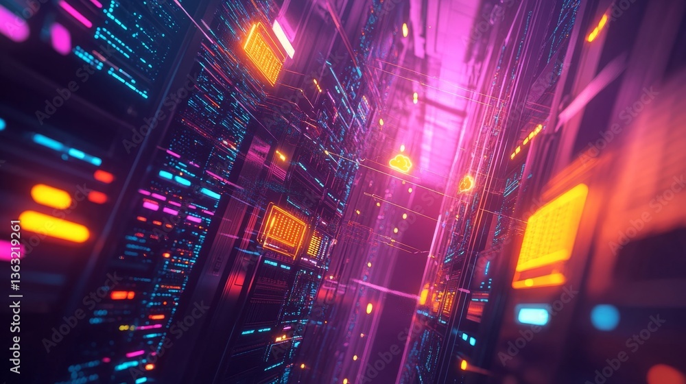 Poster digital data flow action in a futuristic server room virtual environment 3d visualization immersive 