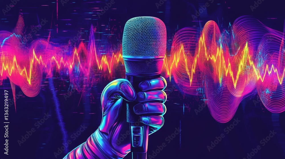 Poster dynamic music performance virtual stage digital art futuristic vibes close-up sound waves and expres