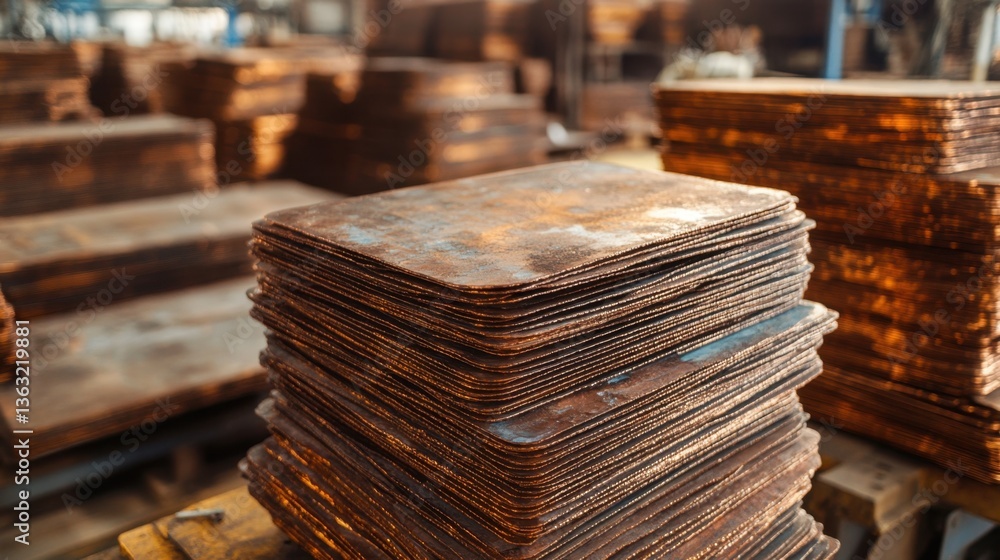 Poster stack of oxidized copper sheets in industrial setting with warm tones and shallow depth of field for