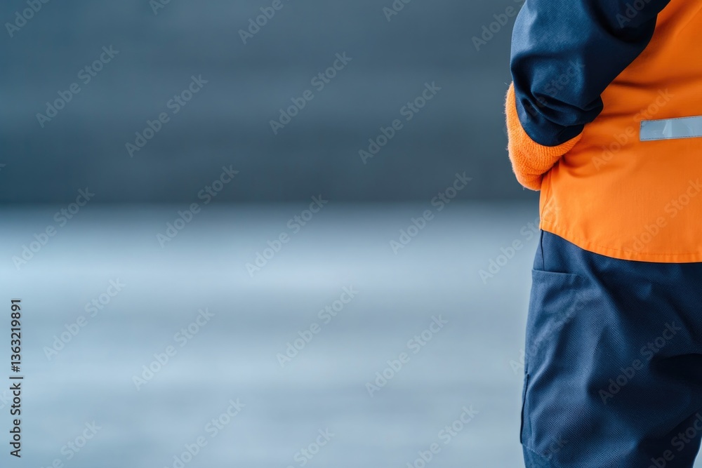 Poster capture cleaning professional in uniform with blurred background in minimalistic style