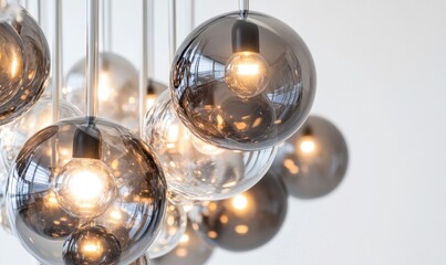 A collection of lighted glass globes hang from the ceiling