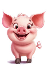 Cute cartoon pig PNG smiling with big eyes and curly tail isolated on white background cut out animal