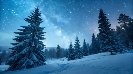 Fototapeta premium Snowy Winter Night Scene with Starry Sky in Forest