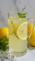 Fototapeta premium Refreshing Lemonade with Mint and Lemon Slices on a Light Background 