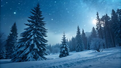 Naklejka premium Snowy Winter Night Scene with Starry Sky in Forest