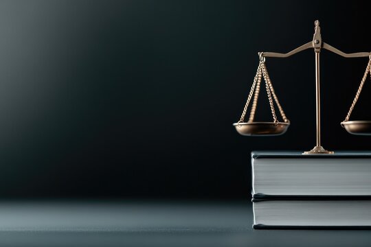 close-up photo of neatly stacked legal books with scales of justice softly lit background