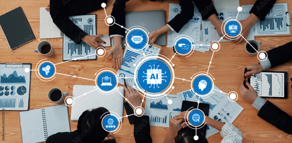 Poster a vibrant collaborative meeting scene showcasing teamwork among professionals analyzing data and exp