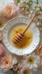 Fototapeta premium Honey drizzler resting in honey surrounded by soft pink flowers 
